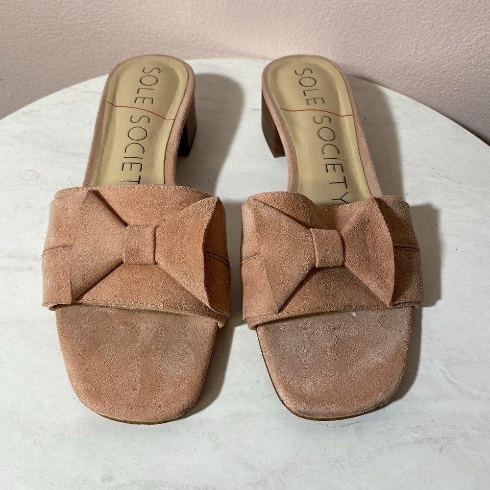 SOLE SOCIETY Suede Bow Slide Sandals Blush Pink Low‎ Block Heel 6M